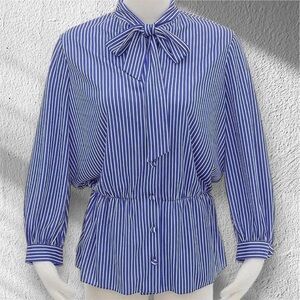 Balenciaga Blue and White Blouse with Cuffed Sleeves and Tie Front